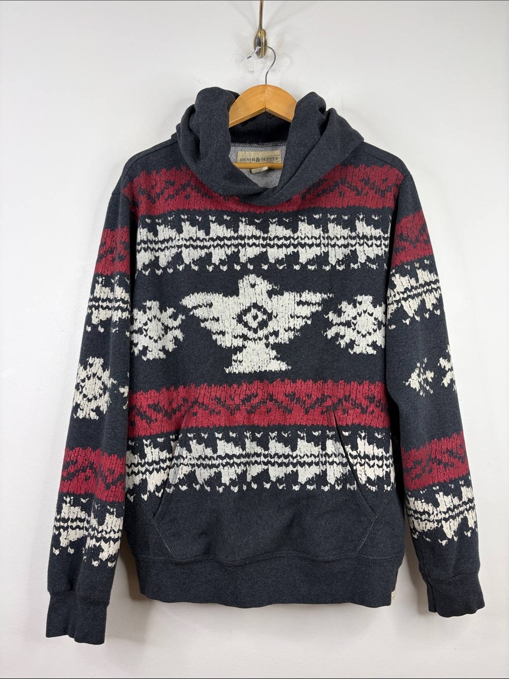 Denim & Supply Ralph Lauren Hoodie Mens XL Gray Red Fleece Firebird Southwestern